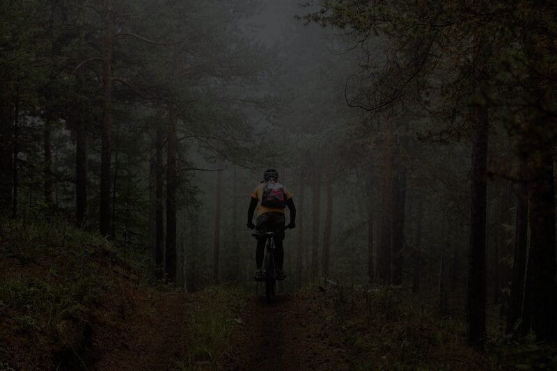 Off-Road cyclist riding a mountain bike on a forest trail in fog.